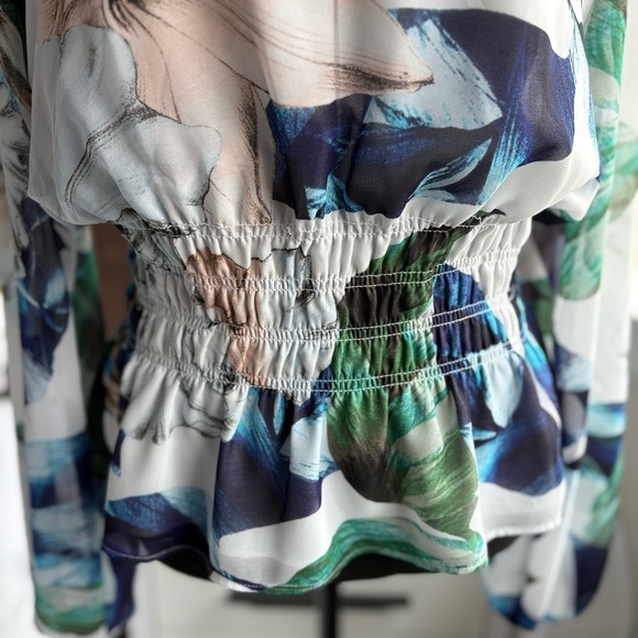 WHBM Floral V-Neck Smocked Waist Long Sleeve Blouse with Peplum - Picture 9 of 15